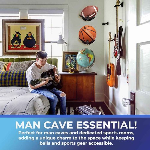 Wall-Mounted Left & Right Hand Sculptured Ball Holders – Basketball, Volleyball, Soccer & Football Display – Sports Room Decor, Basketball Wall Mount for Man Caves & Memorabilia Showcase - Black