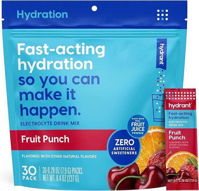 Hydrant - Hydrate Electrolyte Powder, Fruit Punch Flavor, 30 Rapid Hydration Individual Stick Packs - Low Sugar Drink Mix ...