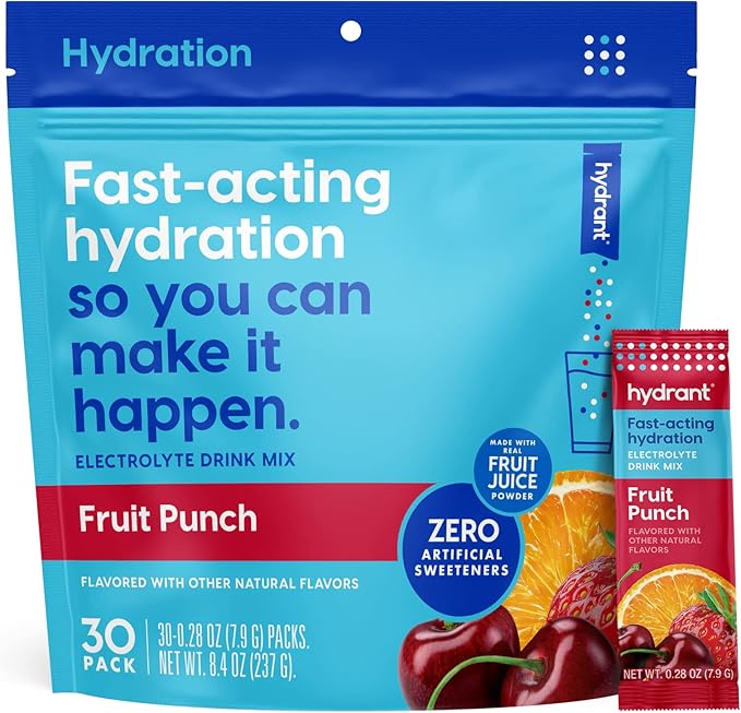 Hydrant - Hydrate Electrolyte Powder, Fruit Punch Flavor, 30 Rapid Hydration Individual Stick Packs - Low Sugar Drink Mix ...