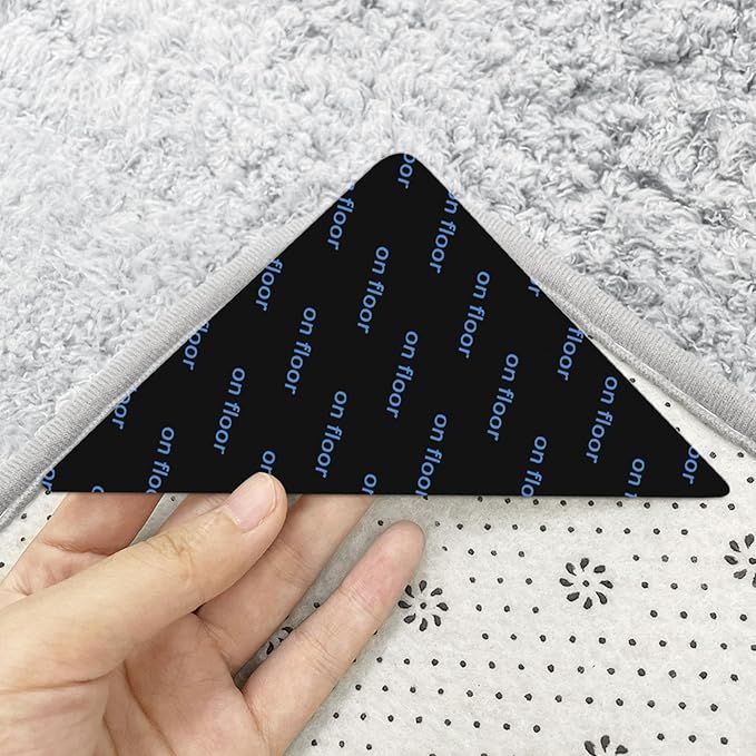 Rug Stickers for Wood Floor - Double-Sided Grippers 12PCS Triangle Carpet Stickers | Washable Non-Slip Carpets Corner Tape, Strong Rugs Fixing Pads for Hardwood Floor Area Rugs, Reusable Carpet Grip