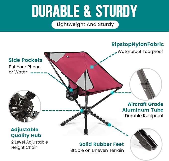TCEK Adjustable Portable Camping Chair RiseLite Lightweight Compact Folding Chair for Adults, Collapsible Camp Chairs That Folds Up Small, Easy Carry for Travel, Outdoor, Sports, Backpacking, Hiking