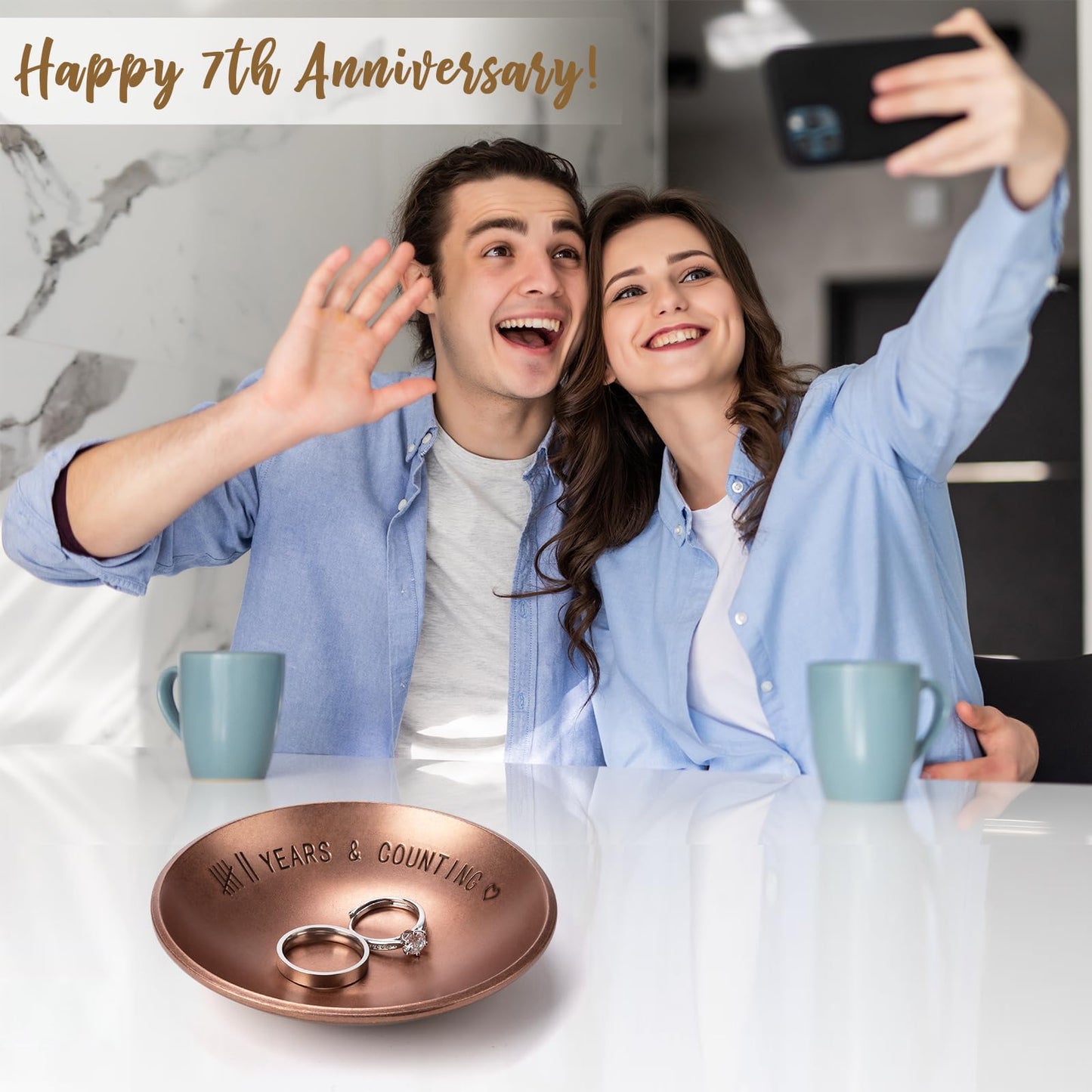 Urllinz 7 Year Anniversary Copper Gifts for Him Her - 7th Anniversary Jewelry Tray for Men Women Wife Husband Couple, Ring Holder Dish & Card & Gift Box, 4"