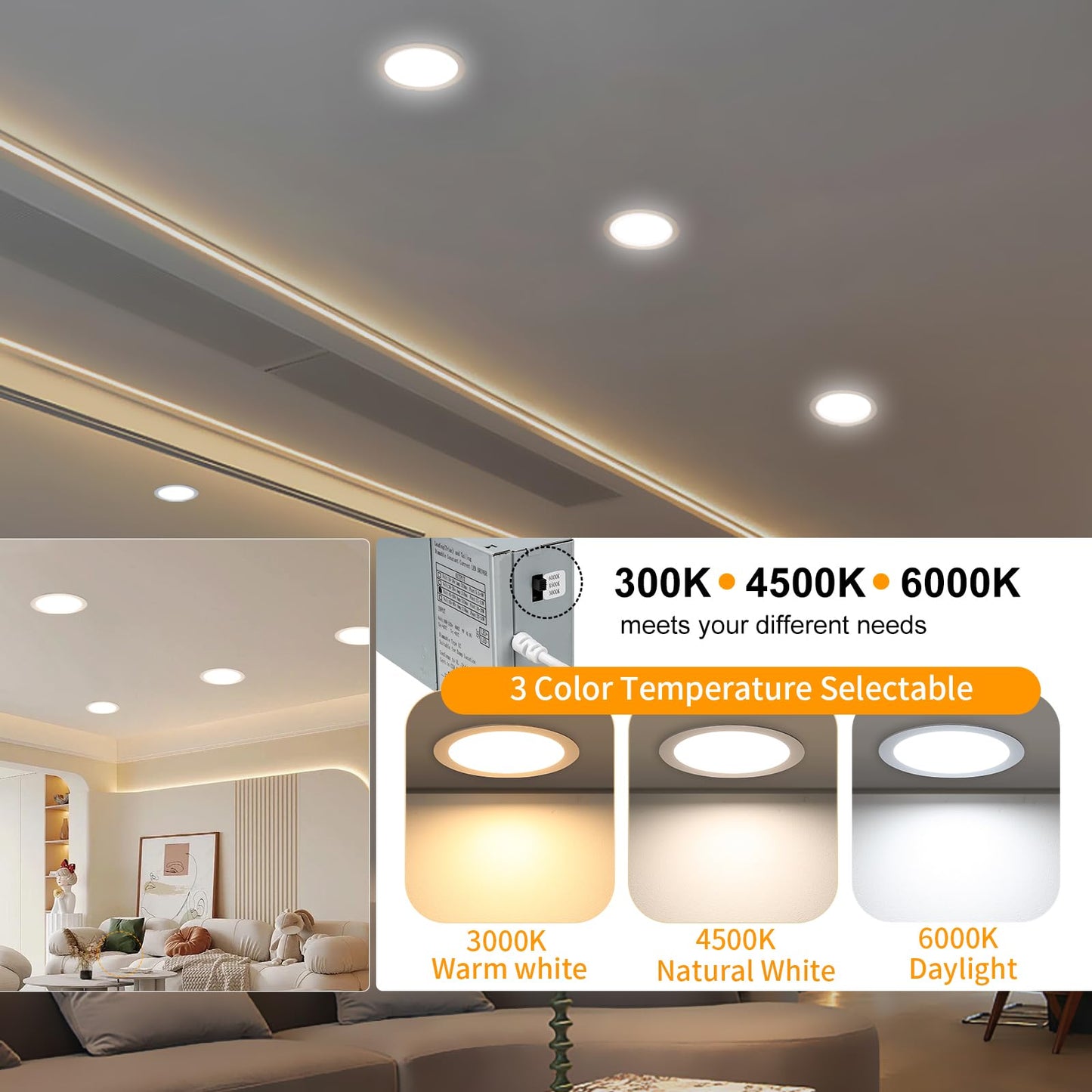 LZHOME 24 Packs 8 Inch Recessed LED Light: Ultra Thin LED Recessed Lighting with Junction Box, 3000K/4500K/6000K Selectable,Ceiling Light, High Brightness 1800LM Dimmable Canless LED Downlight