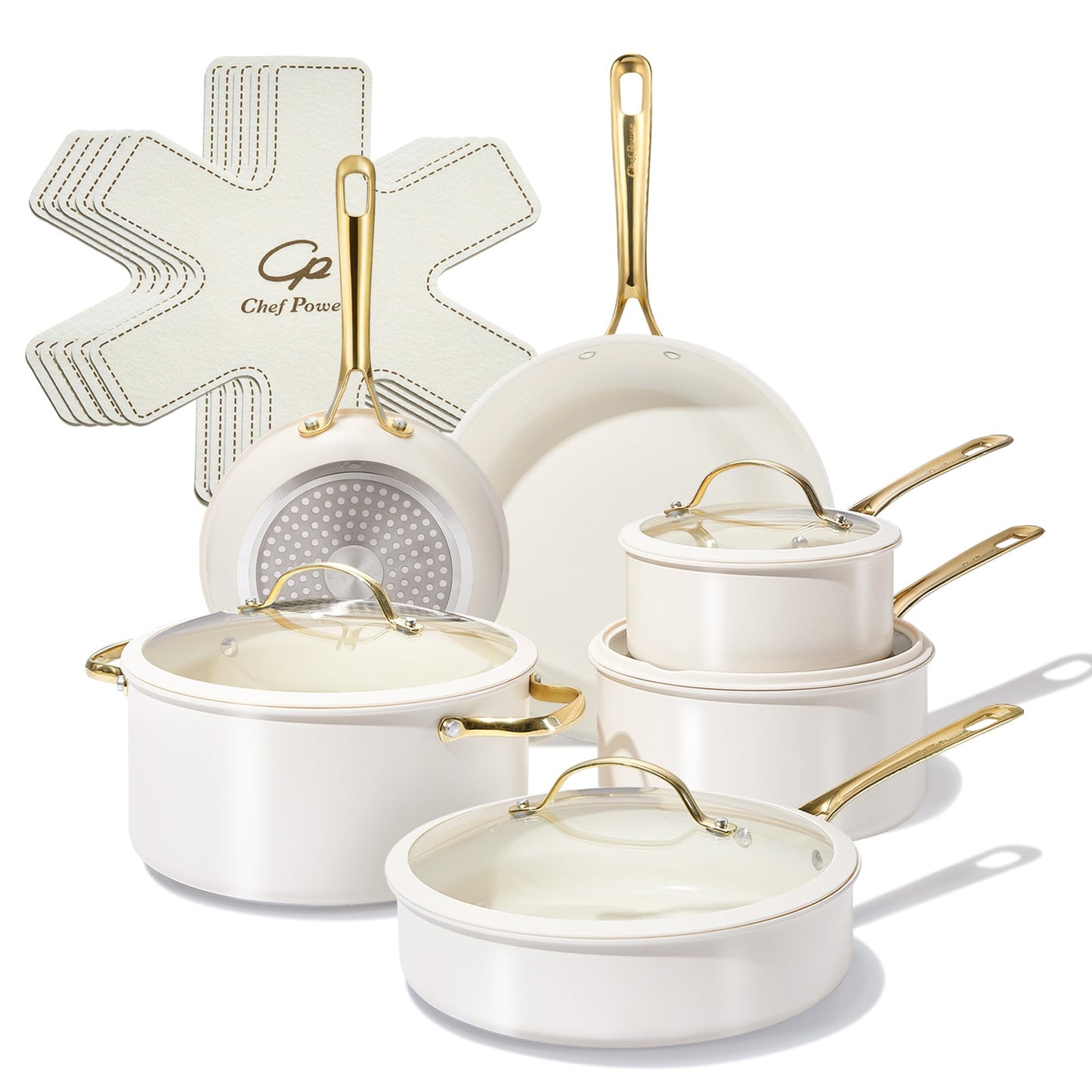 Chef Power Ceramic Cookware Sets, 15Pcs Pots and Pans Set Non Stick, Cookware Set with Stainless Steel Handle, Dishwasher & Oven Safe, Cream White and Light Gold Handle