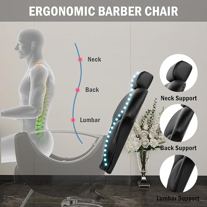 Reclining Salon Chair for Hair Stylist, Heavy Duty Hair Barber Chair with Adjustable Headrest, 360 Degree Swivel Beauty Spa Equipment Max Load 440Lbs, Black Silver