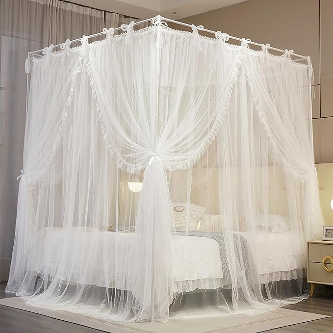 NXGIO 4 Corners Post Princess Curtain Bed Canopy Lace Up Double Layer 4 Opening Mosquito Net Mesh for Girls Bedroom Decora...