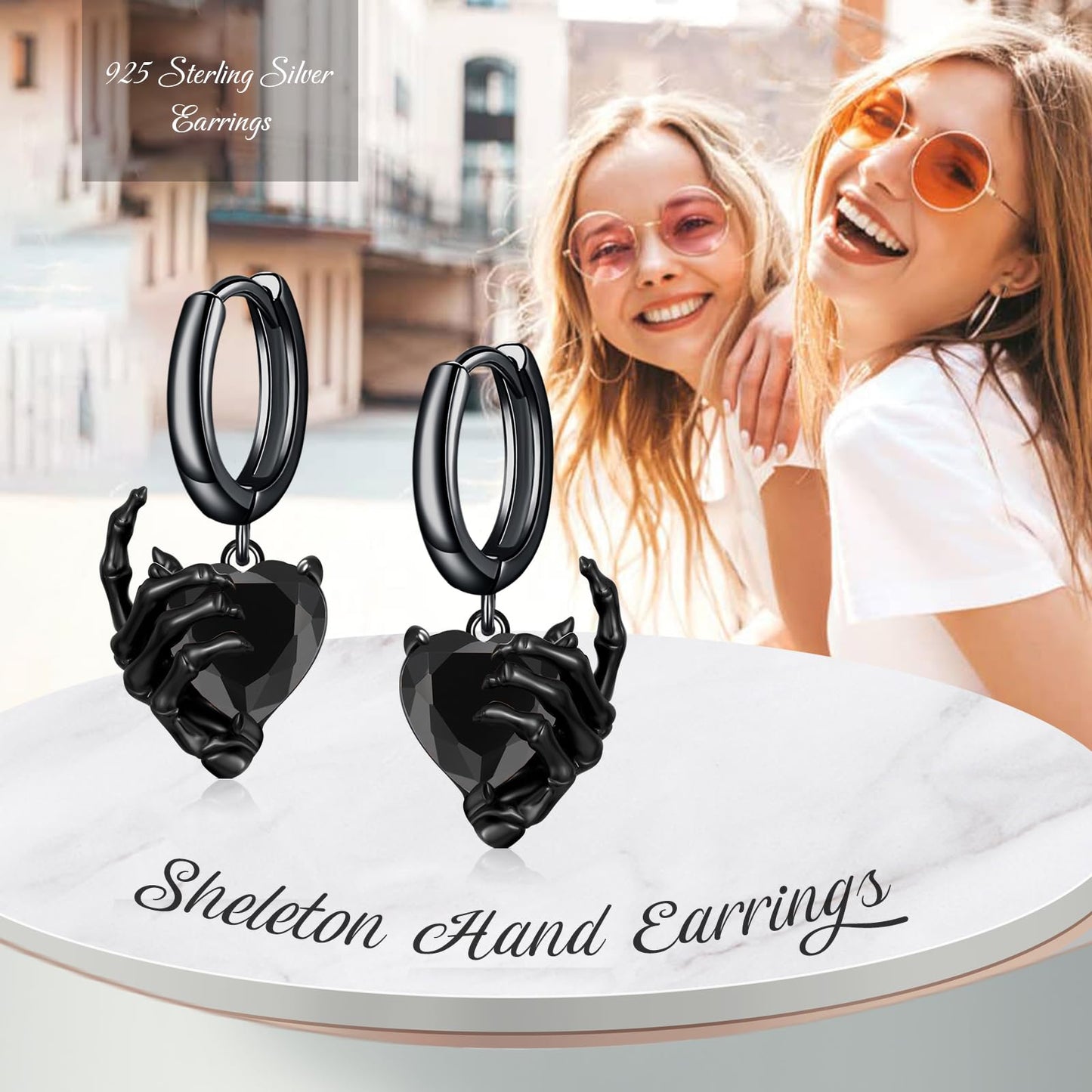 OHAYOO Skeleton Hand Earrings 925 Sterling Silver Skull Huggie Hoop Earrings Halloween Drop Dangle Earring Gothic Jewelry Gifts for Women Men-Black
