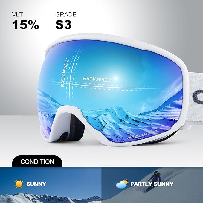 Odoland Snow Ski Goggles S2 Double Lens Anti-Fog OTG Windproof UV400 Eyewear for Men, Women and Youth-Skiing Snowboarding