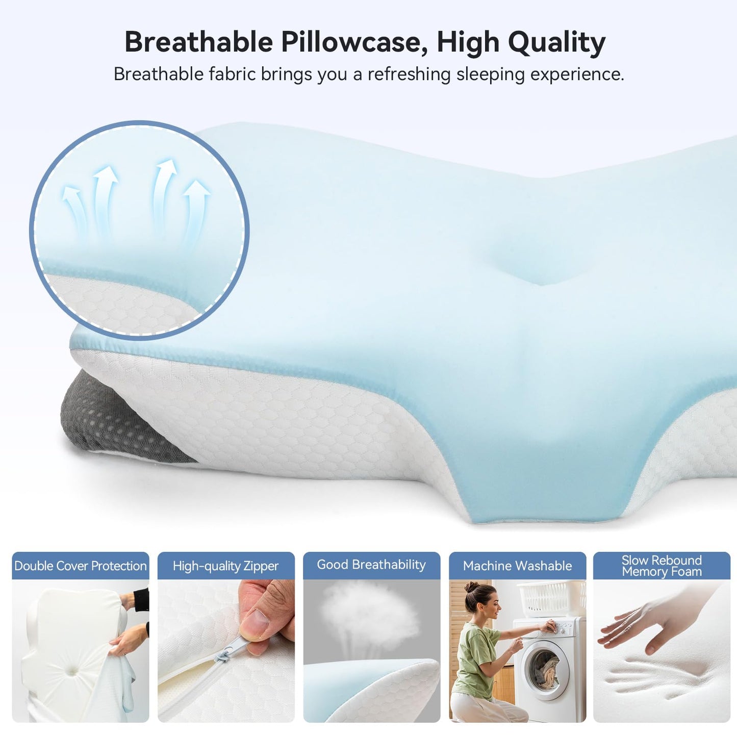 Zmarthumb Ergonomic Cervical Pillow for Neck Support, Memory Foam Orthopedic Contour Side Sleeper Pillows with Dual Heights, Soft Bed Pillow with Breathable Pillowcase for Back, Stomach Sleepers(Blue)
