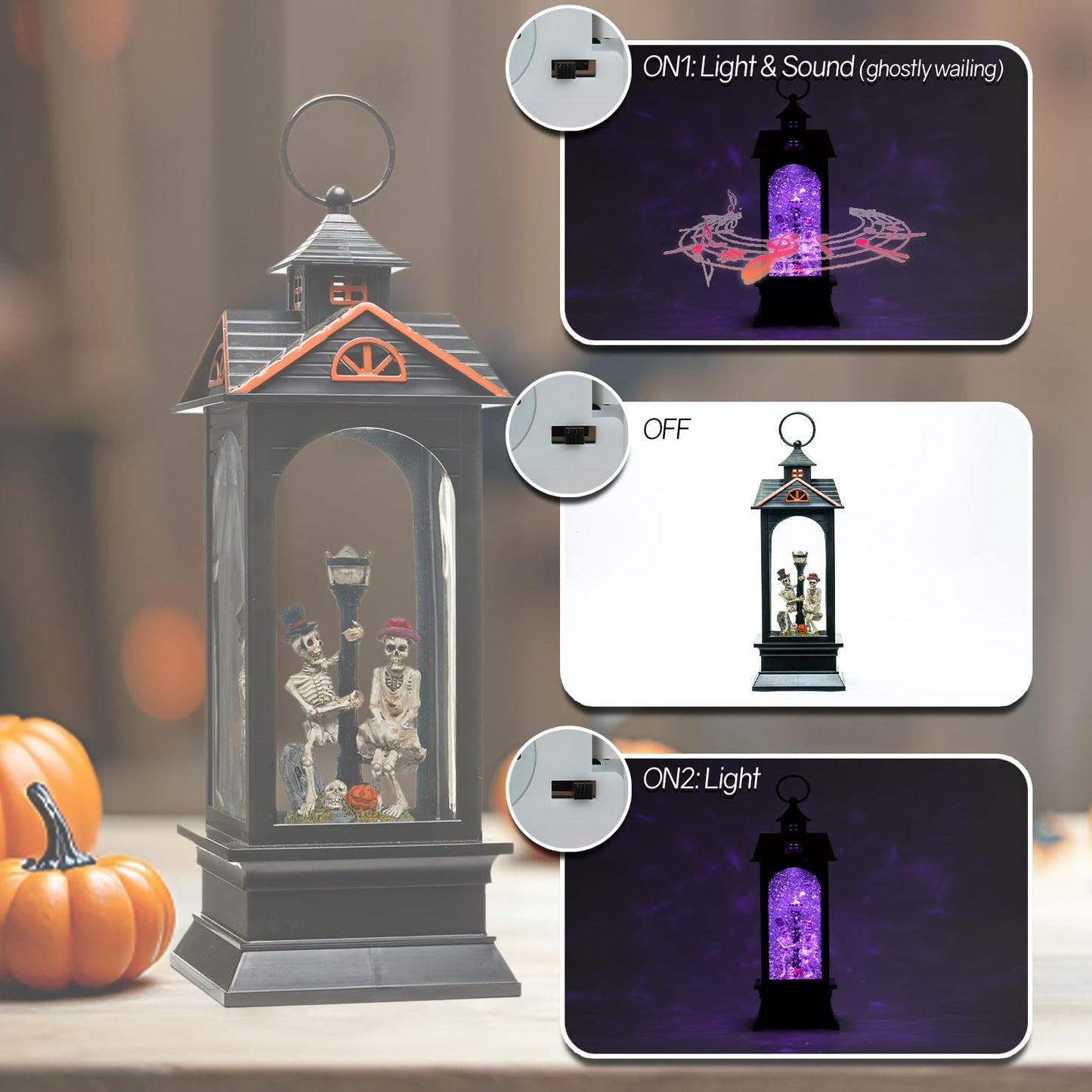 Halloween Snow Globe Lantern with Skull - Ghost Projection Water Lantern with Music - Skeleton Couple with Streetlight and Pumpkin Halloween Decoration for Home - USB or Battery Powered (Style 1)