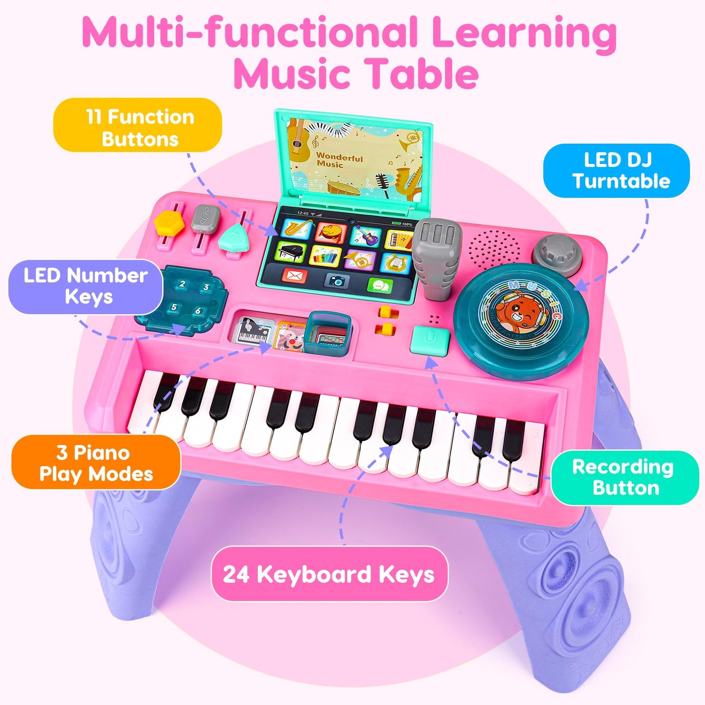Baby DJ Table for Toddlers 1-3 with Music & Light, Musical Baby Piano Toys 6-9-12-18 Months Toddler Activity Table Music Instruments Learning Toys for 1 Year Old Girl Birthday Gifts Toddler Age 0-2