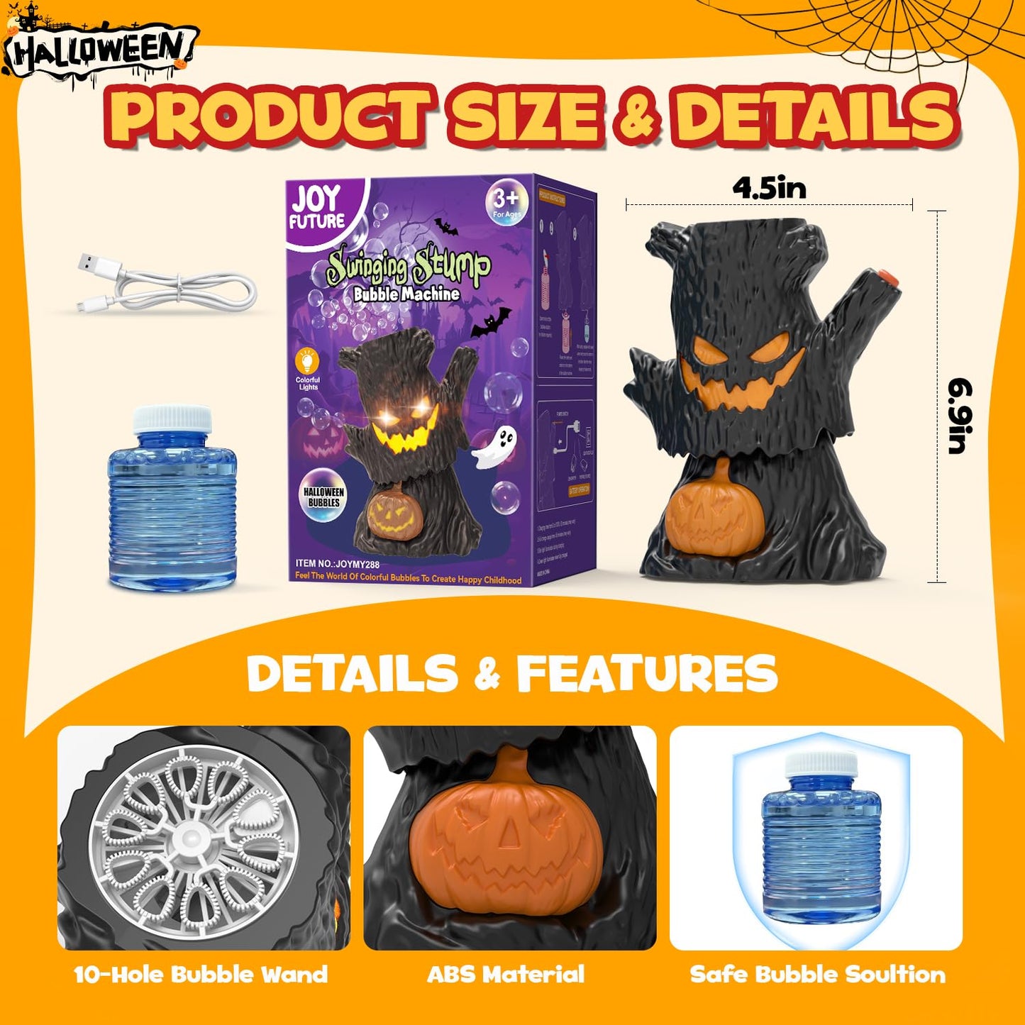 Halloween Bubble Machine, Haunted Stump Bubble Blower, USB Rechargeable, Wobbly Head Fun, Glow Eyes - Halloween Decorations Tree Toys Gifts for Kids, Boys, Girls