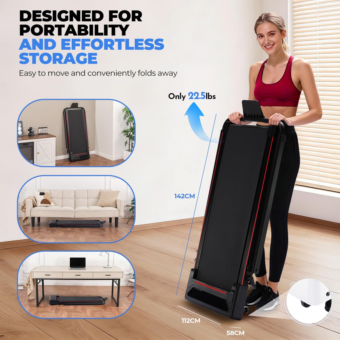 GTPLAYER Walking Pad Treadmill with Adjustable Height Handle Bar, 3HP Quiet Foldable Under Desk Treadmill, Portable Treadmills for Home 350LBS with Remote Control LED Display, Red