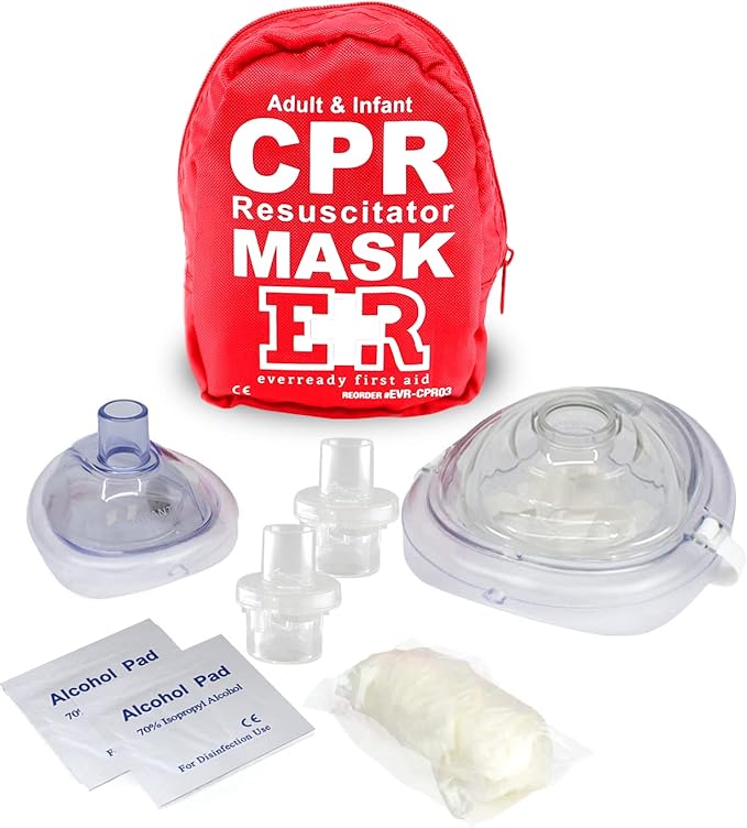 Adult and Infant CPR Mask Combo Kit – Includes 2 CPR Masks with One-Way Valves, Pair of Vinyl Gloves, 2 Alcohol Prep Pads...