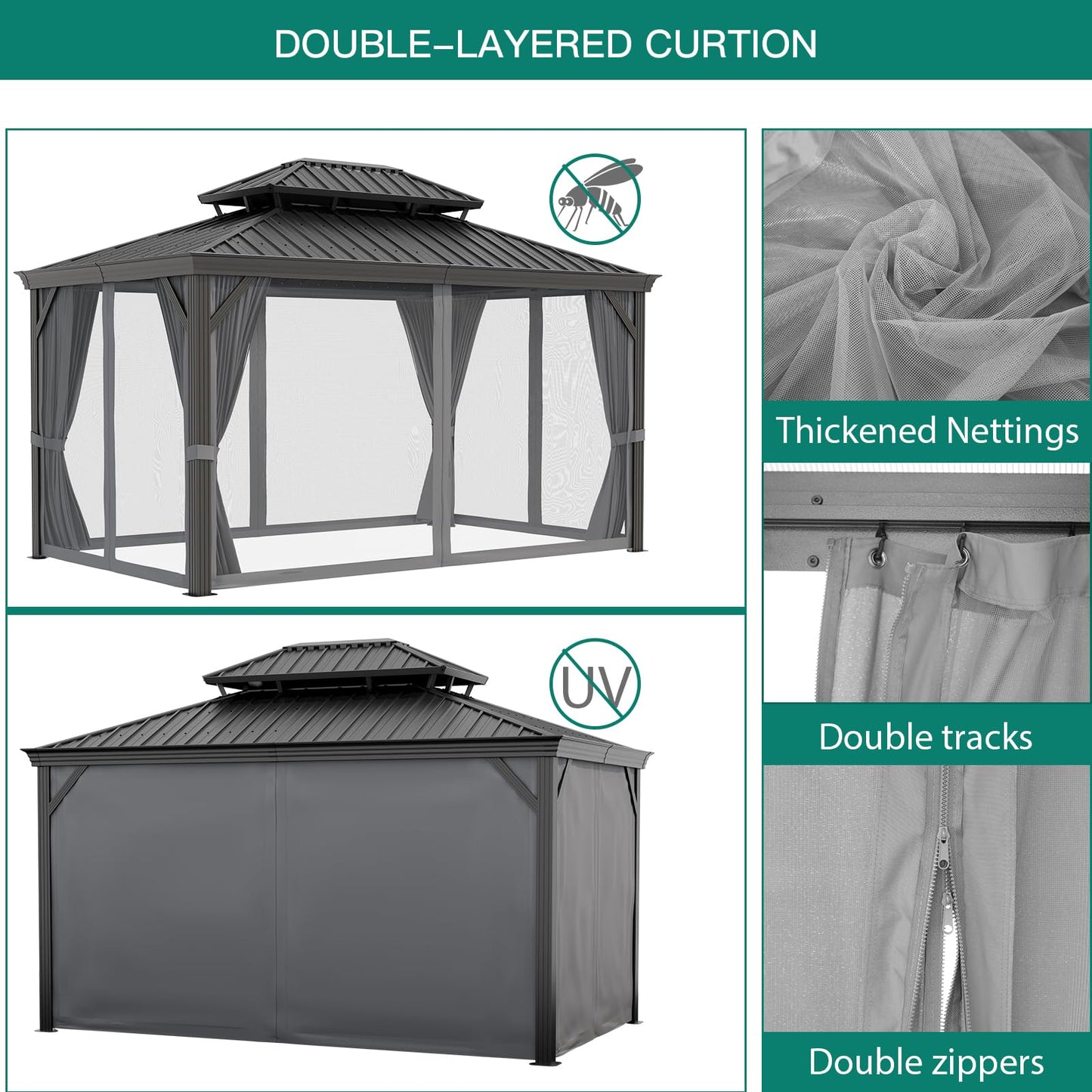 12'x14' Hardtop Gazebo, Heavy Duty Aluminum Permanent Hardtop Gazebo Outdoor Pavilion with Curtains and Netting for Garden