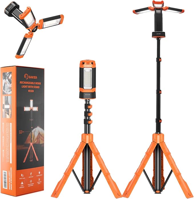 Saker Portable Camping Light with Stand 73.2" Rechargeable Work Light 3200 Lumen 4000/6500K Dimmable Camp Lanterns for Gar...