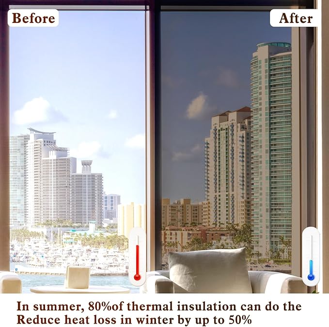Window Privacy Film One Way Daytime Mirror Tint Treatments UV Heat Control Vinyl Stickers Sun Block Glass Paper Door Covering Reflective (Brown Silver, 17.5 Inch x 7.8 Feet)