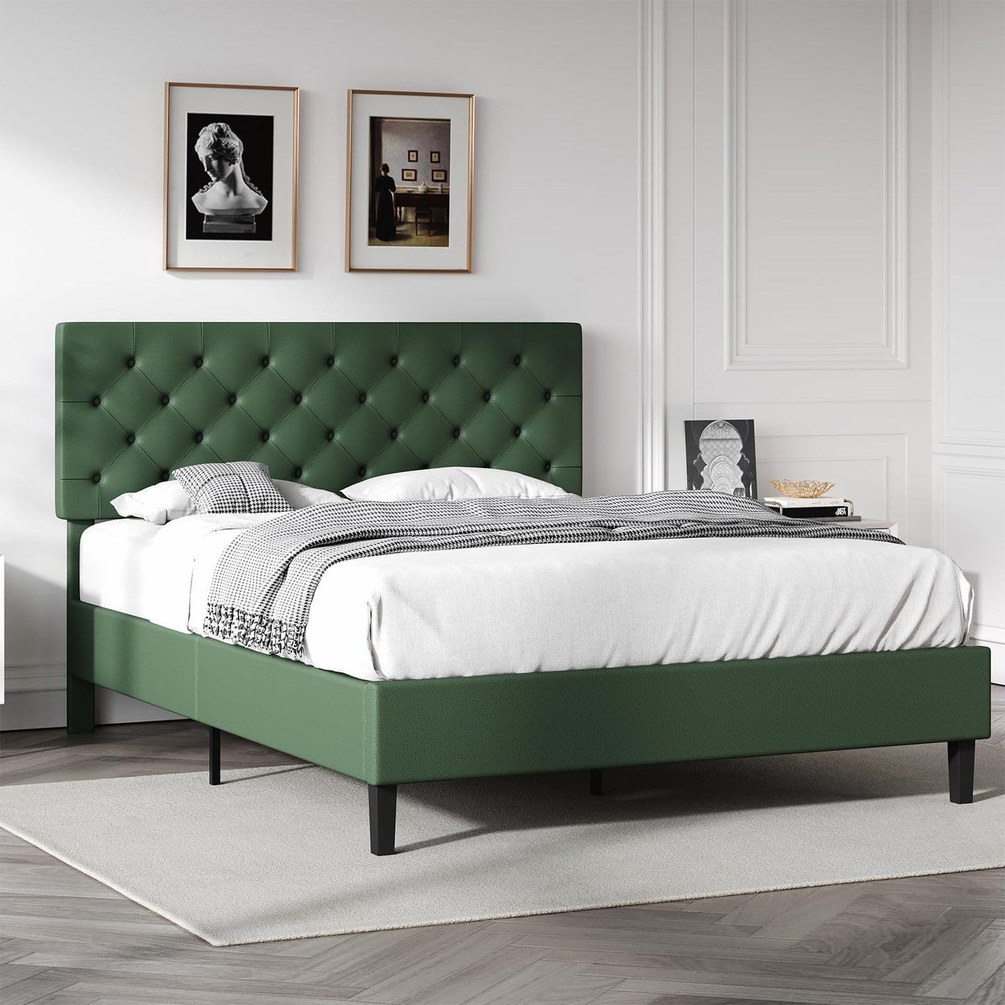 REVOMINCA Upholstered Full Size Bed Frame with Headboard, Green Bed Frame, Platform Bed with Button Tufted Desigh, No Box Spring Required, Easy Assembly, Green