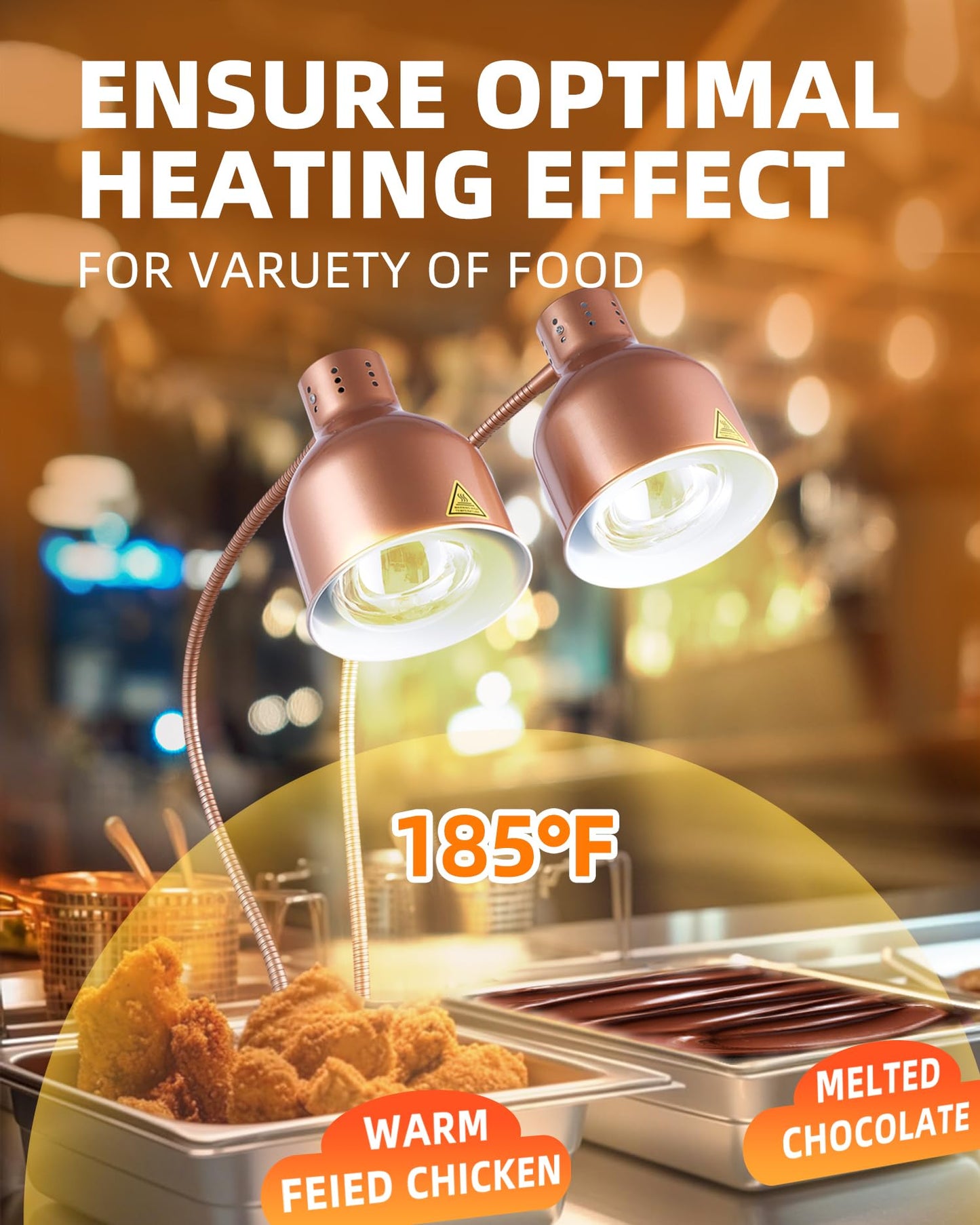 Food Heat Lamp: [Rapid-Heating Bulbs Included] [Steady Heating] Commercial Food Warmer Lamp, Electric Heat Lamp for Food Catering Food Warming Lamp for Buffet Parties (Painted Copper, 32" (2-Head))