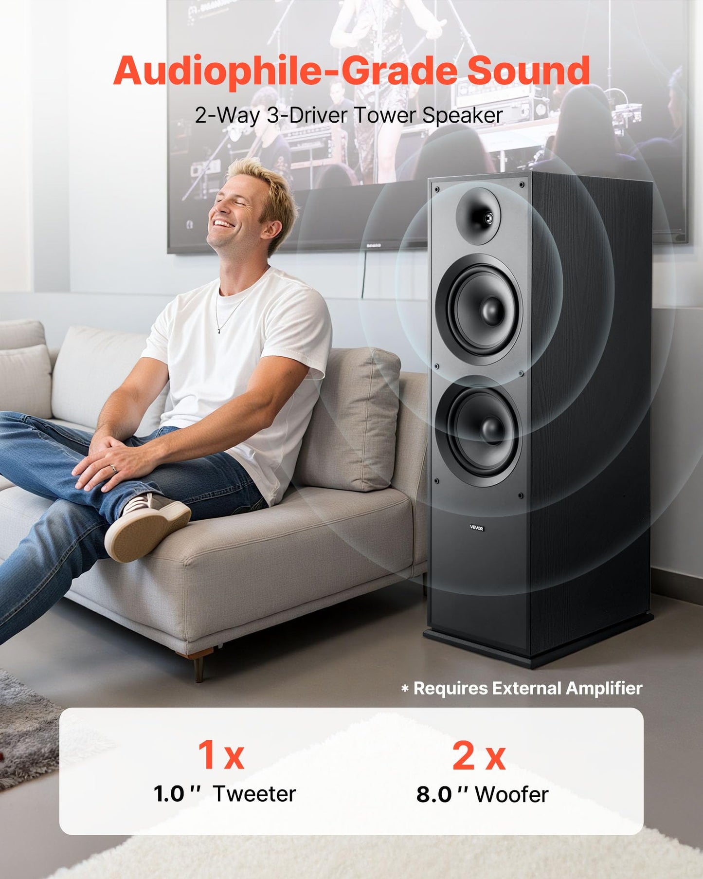 Vevor Passive Floorstanding Speaker, 2-Way, Floor-Standing Tower Speaker With 1-Inch Tweeter, Dual 8-Inch Woofers, 600W Peak, 50