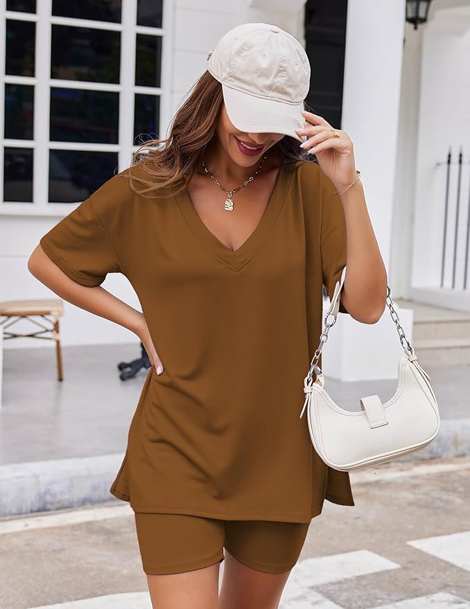Ekouaer Womens Pajamas 2 Piece Lounge Sets Oversized V Neck T-Shirts Tops Biker Shorts Set Workout Reversible Tracksuit S-XXL