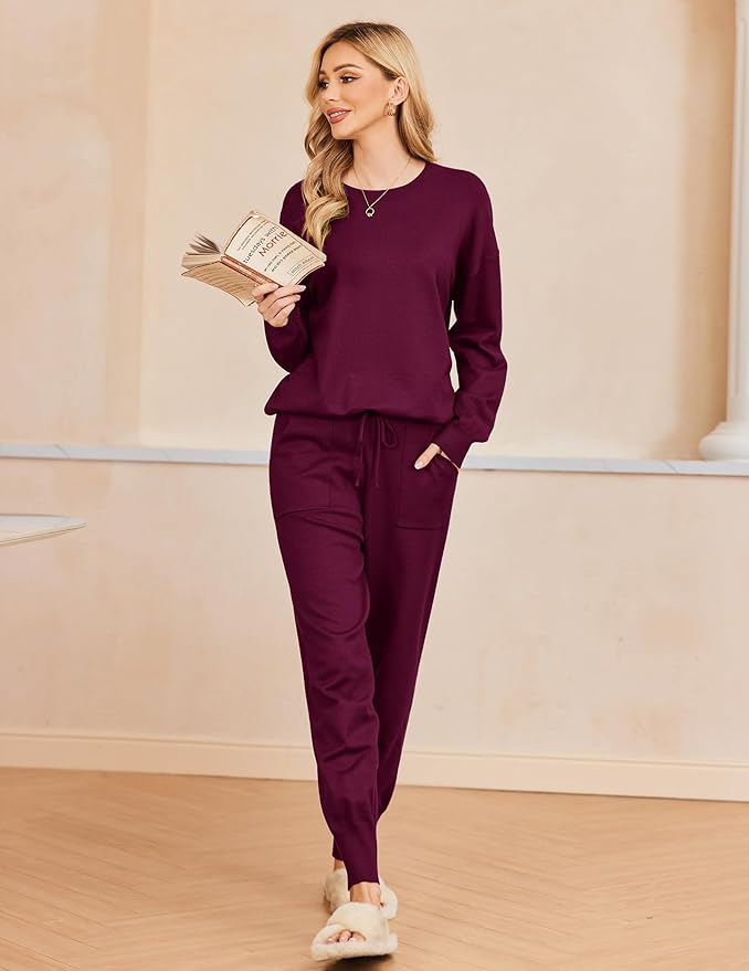 Ekouaer Women's 2 Piece Lounge Set Long Sleeve Knit Pajamas Sweatsuit Jogger Pant Outfits With Pockets S-XXL