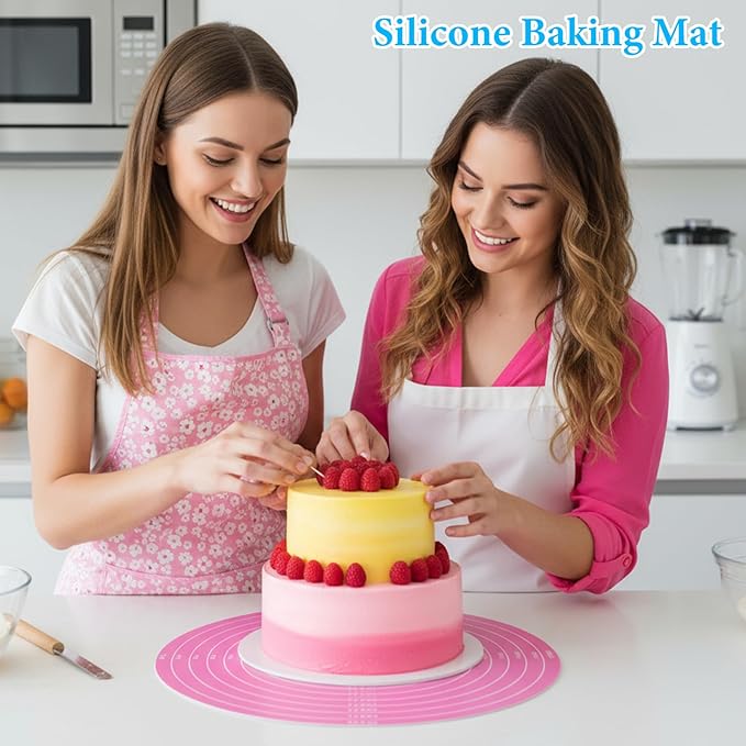 3Pcs Silicone Baking Mat Round Cake Turntable Mat with Measurements Reusable Silicone Baking Mats Non Stick Heat Resistant Pastry Bake Sheet for Pizza Pan Rolling Dough Pastry