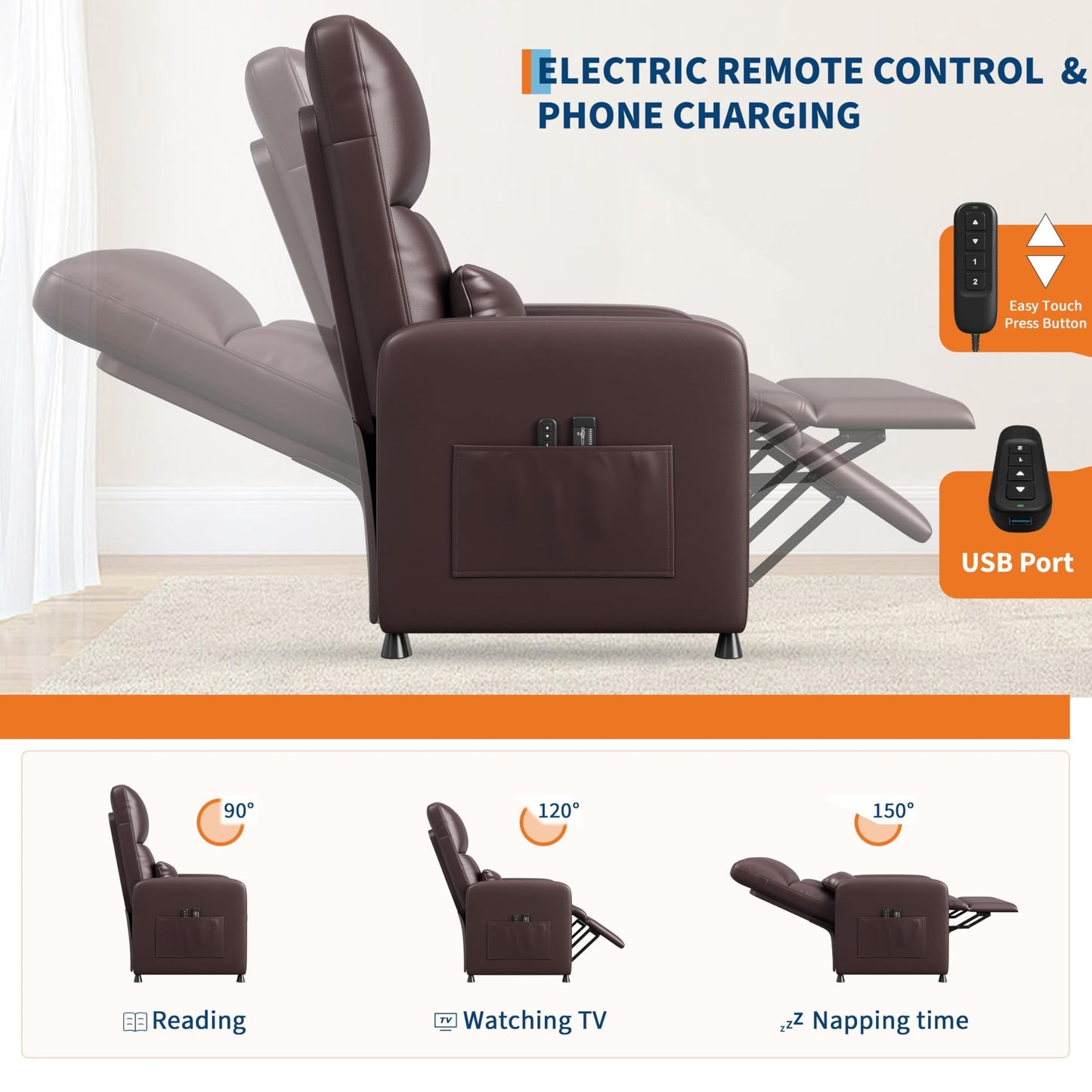 GarveeHome Power Recliner Chair, Adjustable Electric Recliner Ergonomic Overstuffed PU Leather Single Sofa, Tall Back, Padded Seat, 2 Side Pockets and USB Port, Home Theater Seating for Living Room