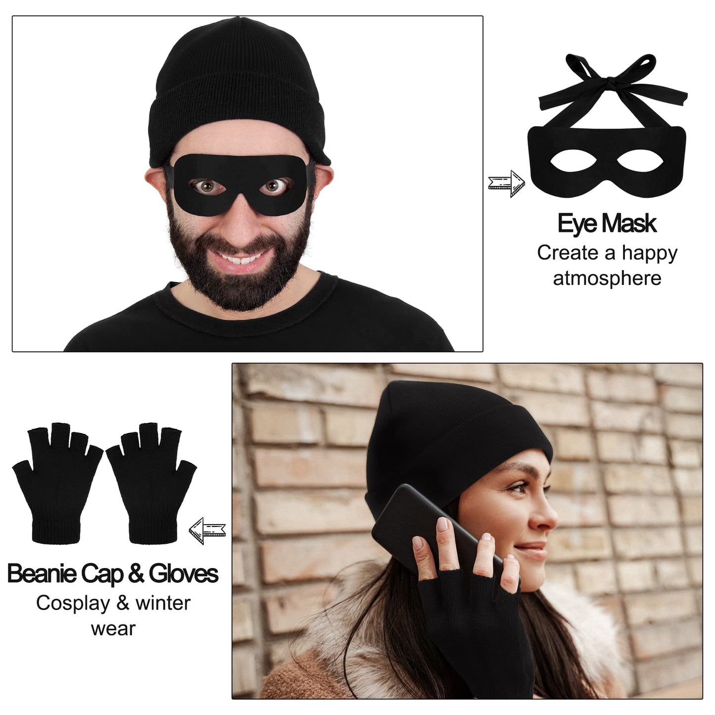 SOMSOC Adult Halloween Robber Costume Set Include Short Sleeves Stripe T-shirt Beanie Cap Dollar Sign Money Bag Eye Mask Half-finger Gloves for Halloween Cosplay Pirate Burglar Theme Party, Large