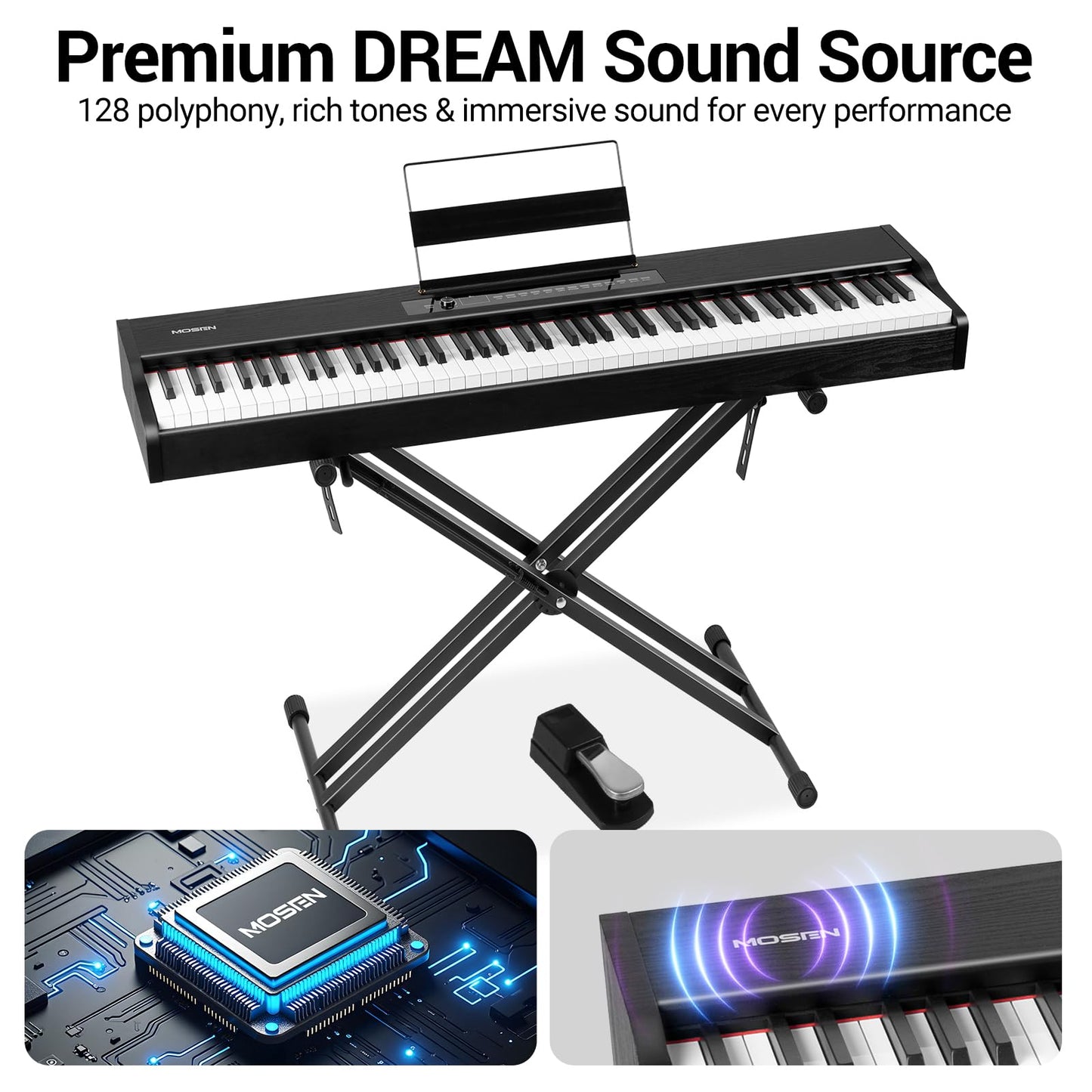 MOSEN Digital Piano 88-Key Weighted Keyboard with Hammer Action, Portable Electric Piano Set with X Stand, Recording Headphone Mode, Sustain Pedal, Music Rest, Dual Keyboard for Beginner, MDP-80D