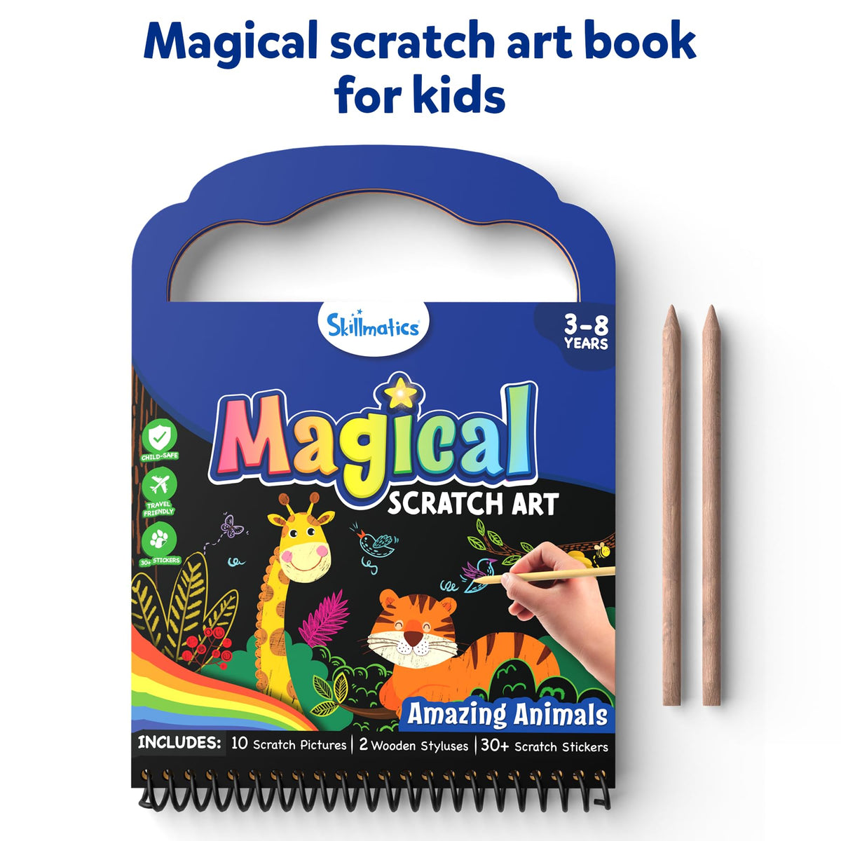 Skillmatics Scratch Art Book for Kids - Animals, Craft Kits & Supplies, 30+ Scratch Stickers, Travel Toys, DIY Kit, Gifts for Boys & Girls Ages 3, 4, 5, 6, 7, 8