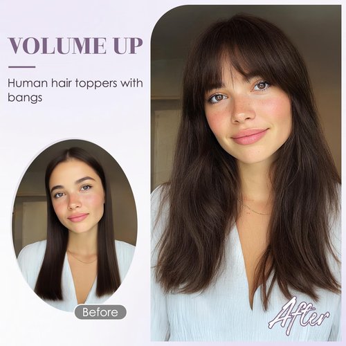Charites Hair Toppers for Women Real Human Hair 12 Inch Long Straight Toppers for Women with Thinning 7 * 13CM Silk Base Clip in Hairpieces with Bangs (Dark Brown)