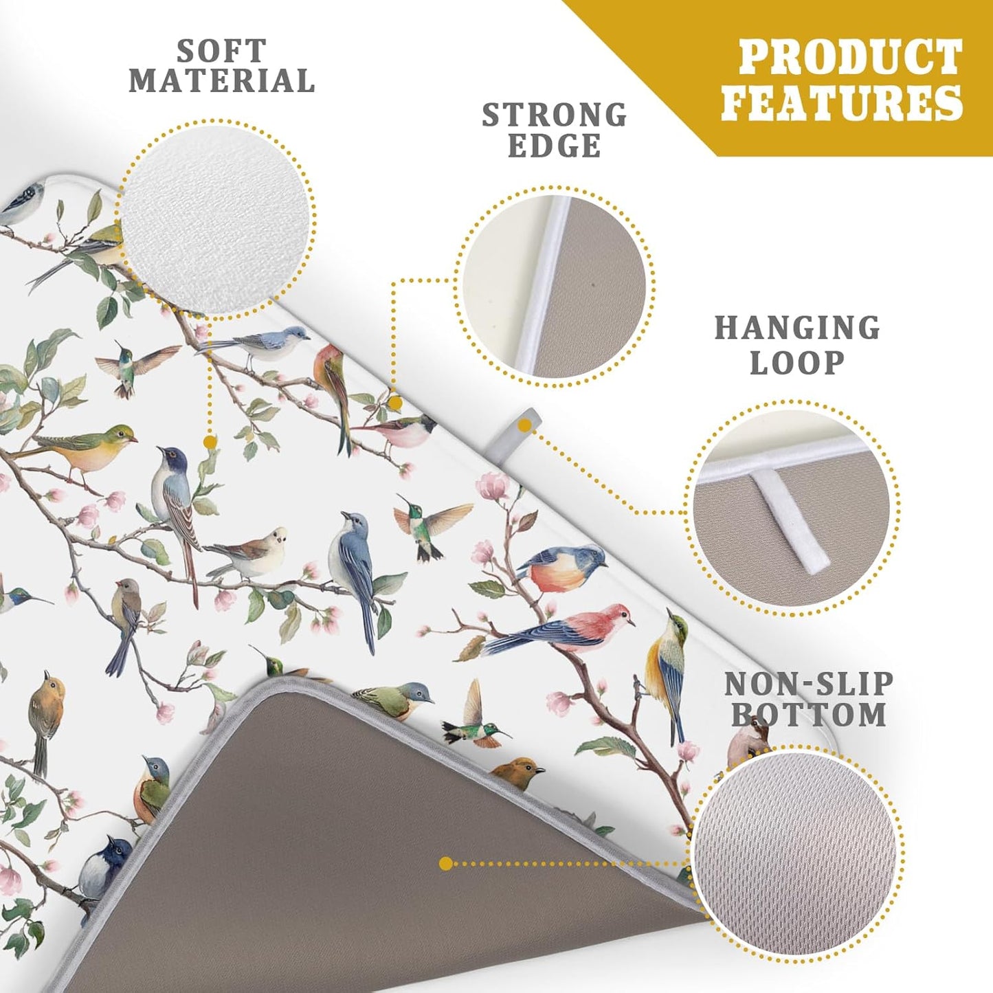 Floral Bird Dish Drying Mat for Kitchen Counter 18x24 Inch Spring Summer Bird Branch Flower Absorbent Reversible Microfiber Dish Pad Dish Drainer Rack Mats Countertops Protector Mat