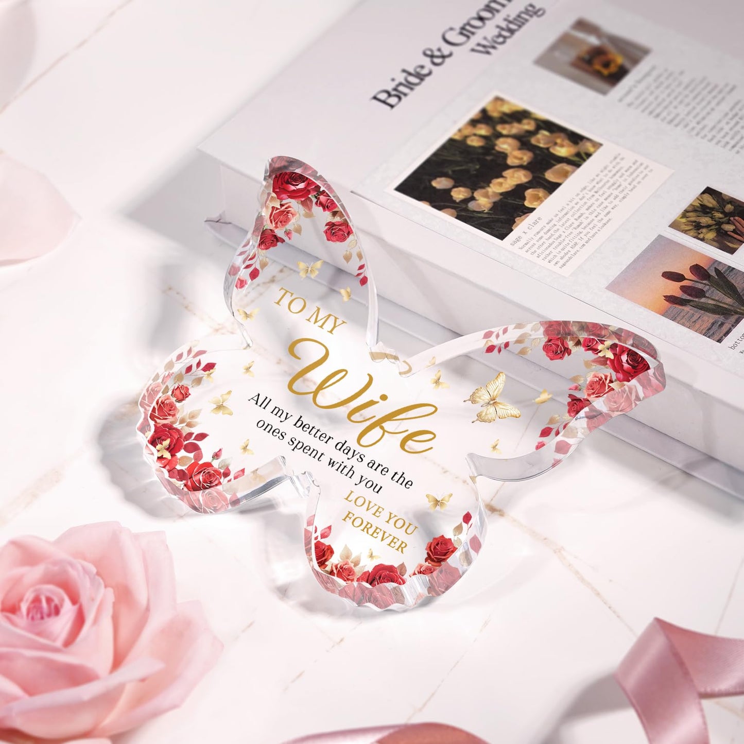 Glydein Romantic Wife Anniversary Birthday Gift Ideas, 5x3.8x0.5 Inch Butterfly Acrylic Plaque Decor, Mothers Day Valentines Christmas Wedding Present for Wife