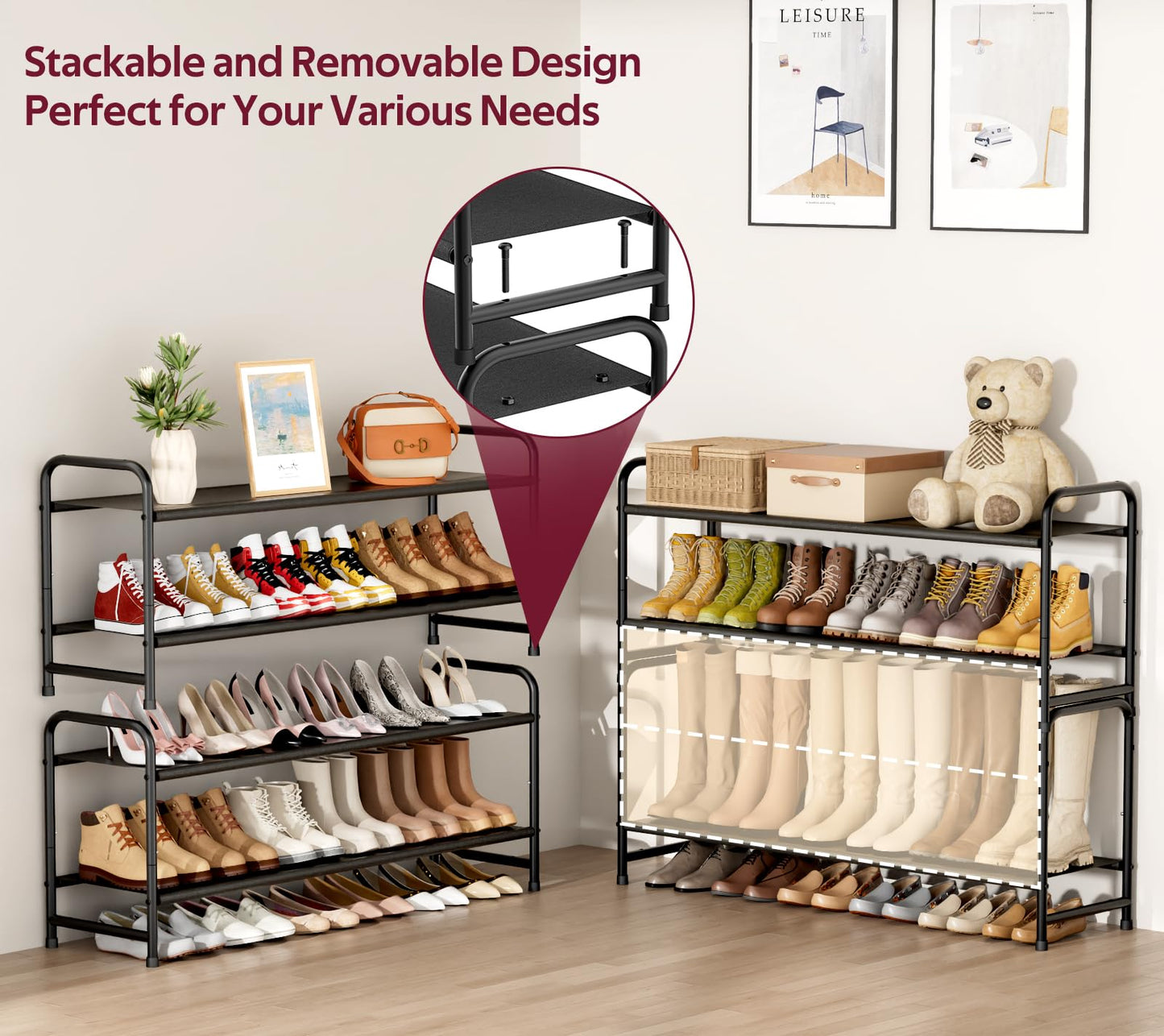 SLEEPING LAMB Long 2-Tier Shoe Organizer for Closet, Stackable Wide Shoe Rack Holds 18-Pairs Low Shoe Shelf Storage for Bedroom, Floor, Entryway(Black)