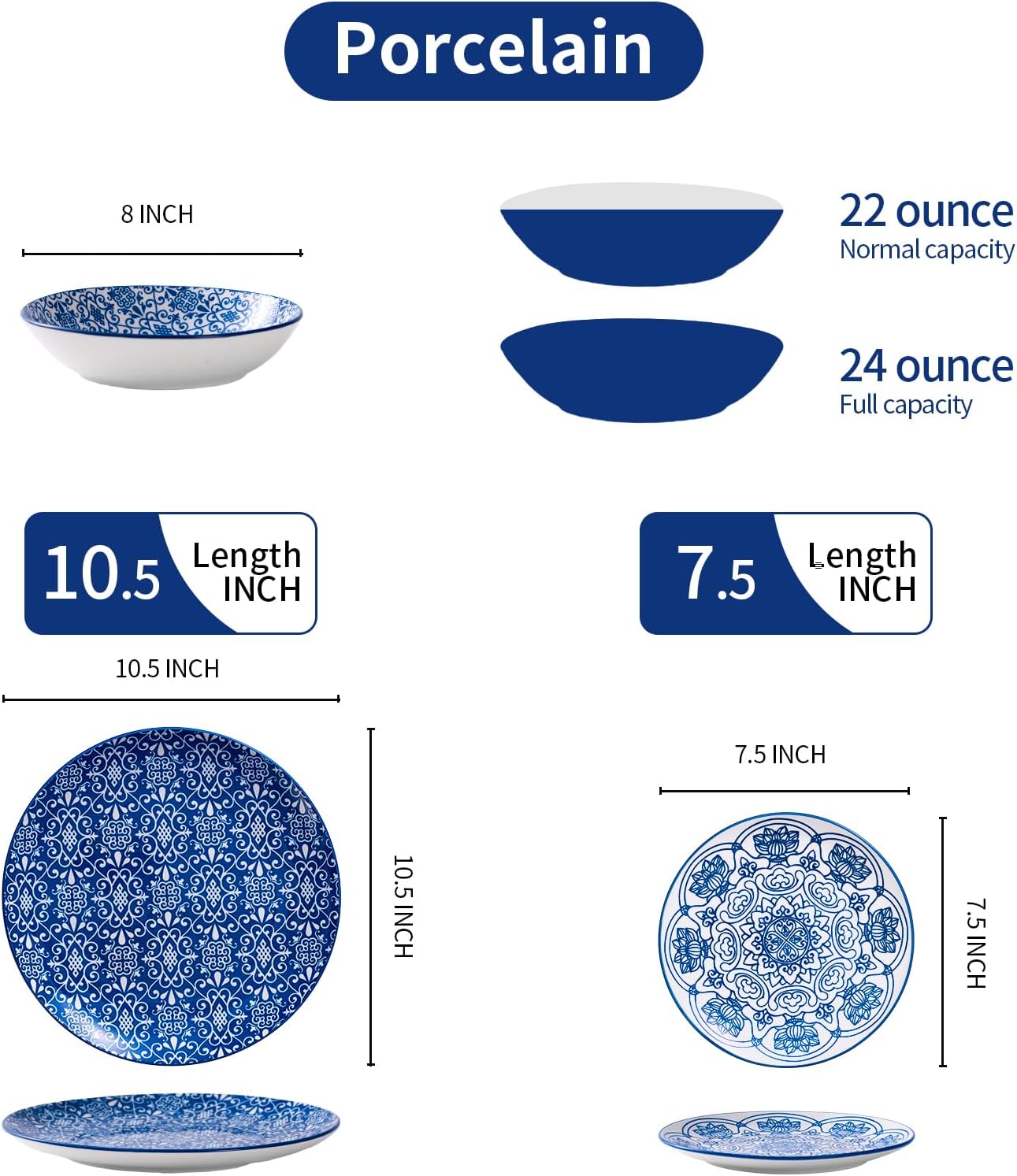 Bestone Porcelain Dinnerware Sets Service for 4, 12 pcs Hand drawn Plates and Bowls Sets, Handmade Ceramic Dish Set, Chip Resistant Modern Plate Set, Dishwasher/Microwave Safe，Vintage Blue