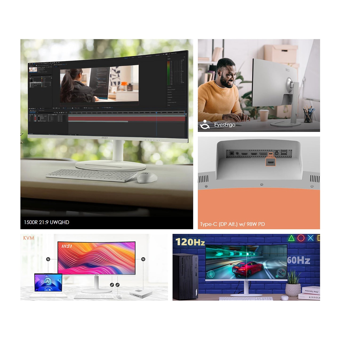 msi Modern MD342CQPW 34in VA 3440 x 1440(UWQHD) Computer Monitor, 120Hz, 1800 Curved, Adaptive-Sync, HDMI, DP, USBC 98W Power Delivery, KVM, Height Adjustable, VESA, Speaker, 1ms, White
