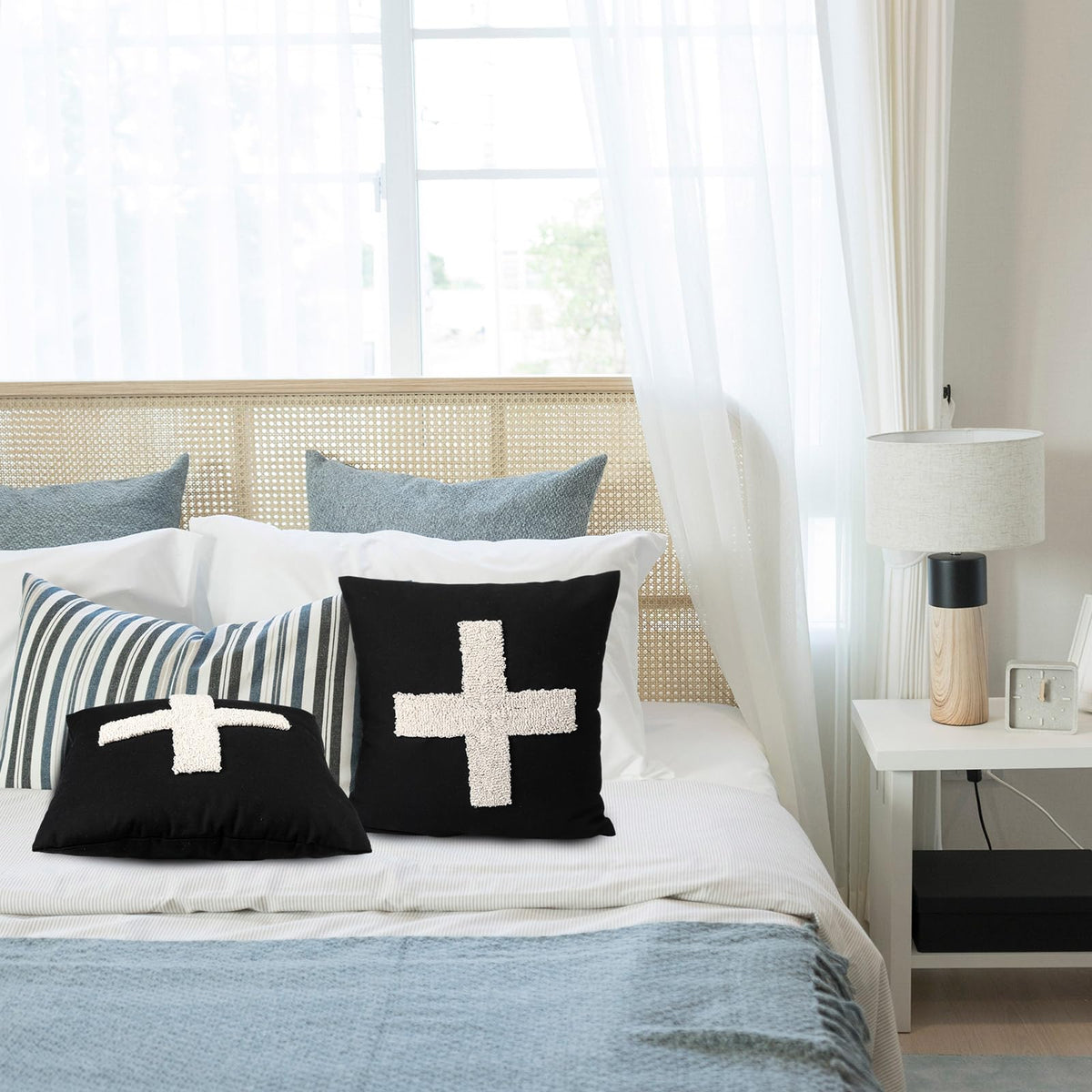 Suzile 2 Pcs Black Pillows with Swiss Cross Throw Pillows Plus Crosses Decorative Cushion for Couch Home Office Decor, 18 x 18 Inches