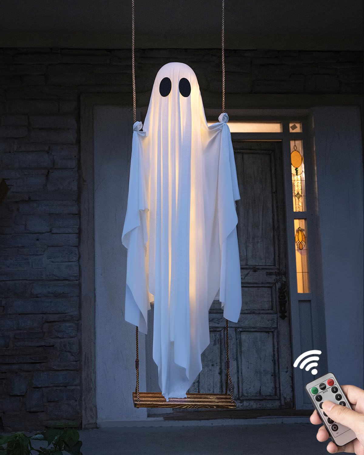 Halloween Decorations Outdoor - 5 FT Large Hanging Swing Ghost Halloween Decor with String Lights - Spooky Cute Ghosts Decorations for Front Porch Yard Tree