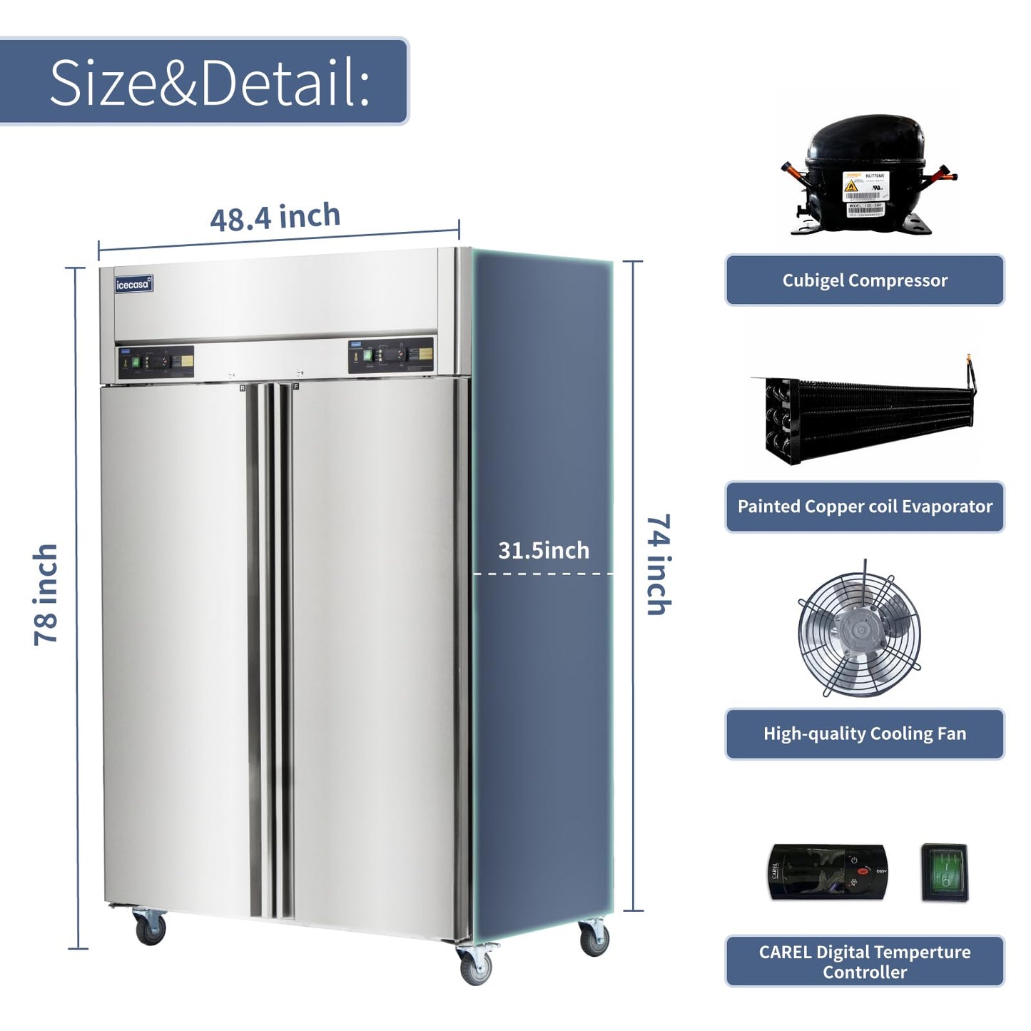 ICECASA 48" W Commercial Refrigerators and Freezer Combo Reach-in 36 Cu.ft 2 Solid Door Stainless Steel Refrigerators and Freezer Combo Fan Cooling for Restuarant, Bar, Shop, etc