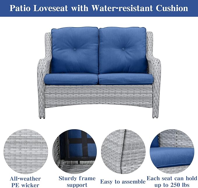 Belord 5 Piece Outdoor Patio Furniture Set - Patio Wicker Furniture Conversation Set, Outdoor Swivel Rocker Chairs with Loveseat Sofa and 2 Ottomans for Small Space, Blue Cushion