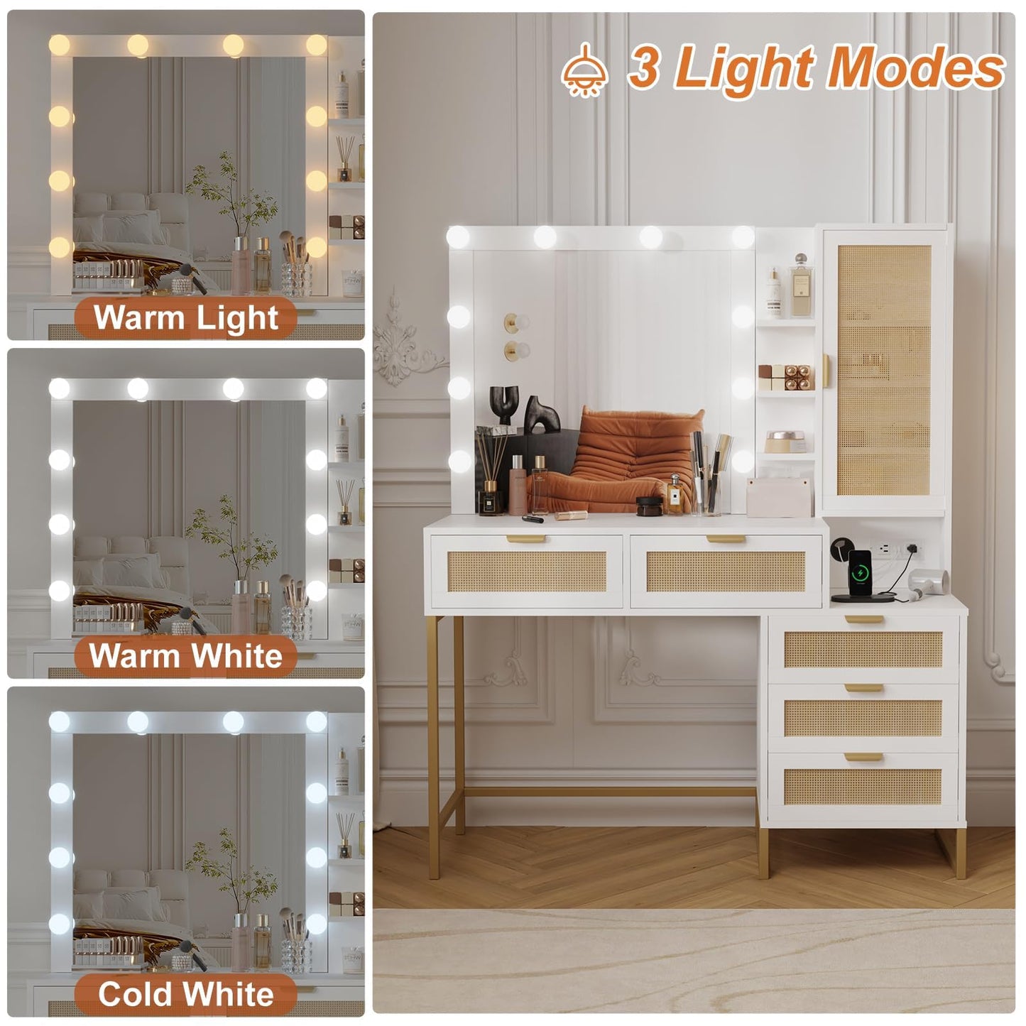 Garvee Rattan Vanity Desk with 12 LED Lights & Charging Station, Makeup Vanity Table with 5 Drawers and 8 Storage Shelves, 3 Lighting Modes Dressing Table with Power Outlet, White Gold