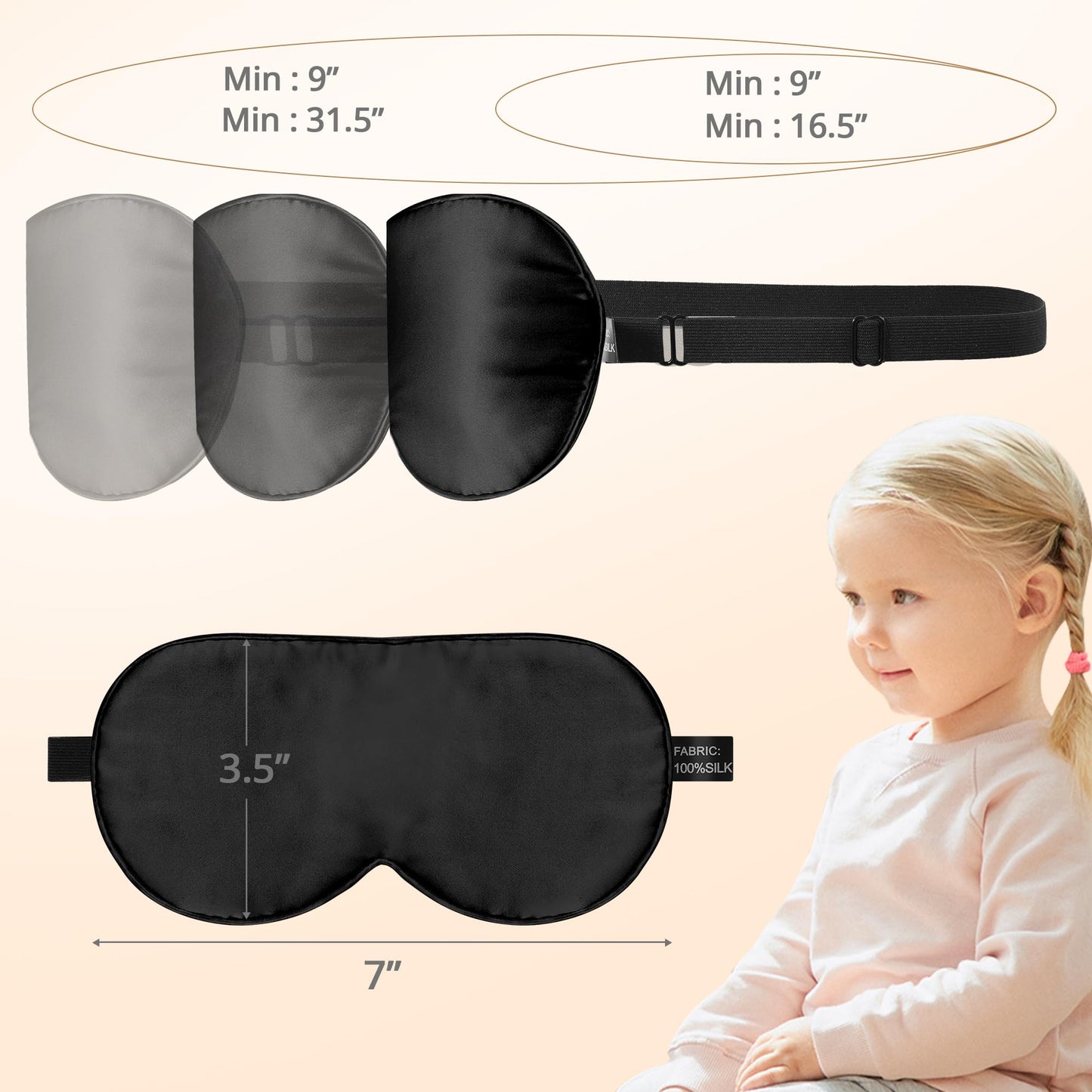 Kids Sleep Mask Eye Cover, 100% Real Natural Pure Silk Eye Mask with Adjustable Strap, Blindfold Kids Eye Mask for Sleeping, Eye Shade for Boys Girls and Adult, Pressure-Free Comfort (Black)