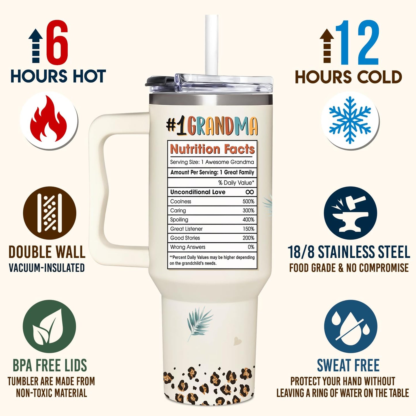 Couple Fox Grandma Gifts from Grandkids, Granddaughter, Grandson, Grandchildren - Practical Mothers Day, Birthday, Christmas, Mother's Day, Ideas Gifts for Grandma Tumbler 40oz with Handle & Straw