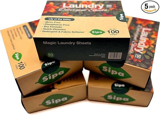 SIPA Laundry Detergent Sheets - 50 Sheets, 100 Loads, Lily of the Valley, Eco-Friendly, Phosphorus-Free