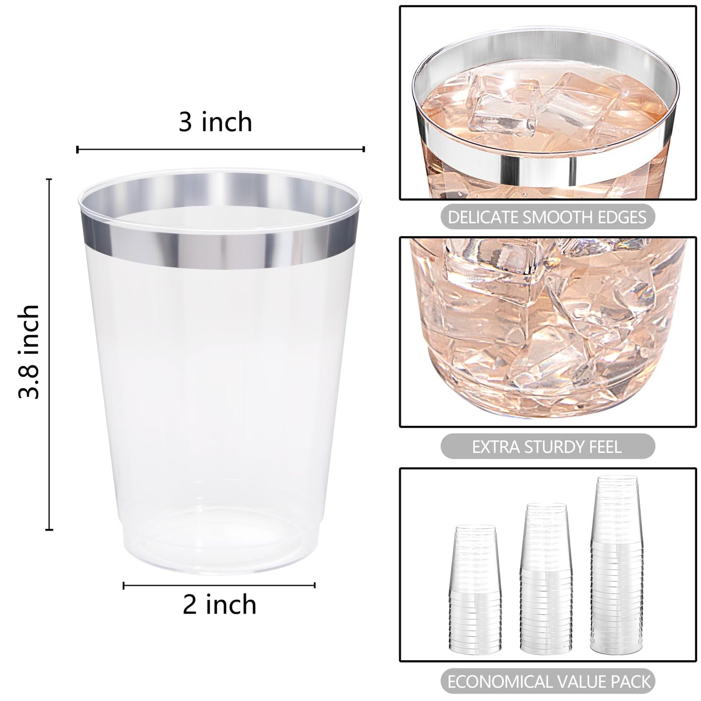 DaYammi 200 Pack Silver Plastic Cups 10 Oz Clear Plastic Cups Silver Rimmed Disposable Wine Glasses Heavy Duty Disposable Tumblers Drinking Cocktail Glasses for Party Wedding