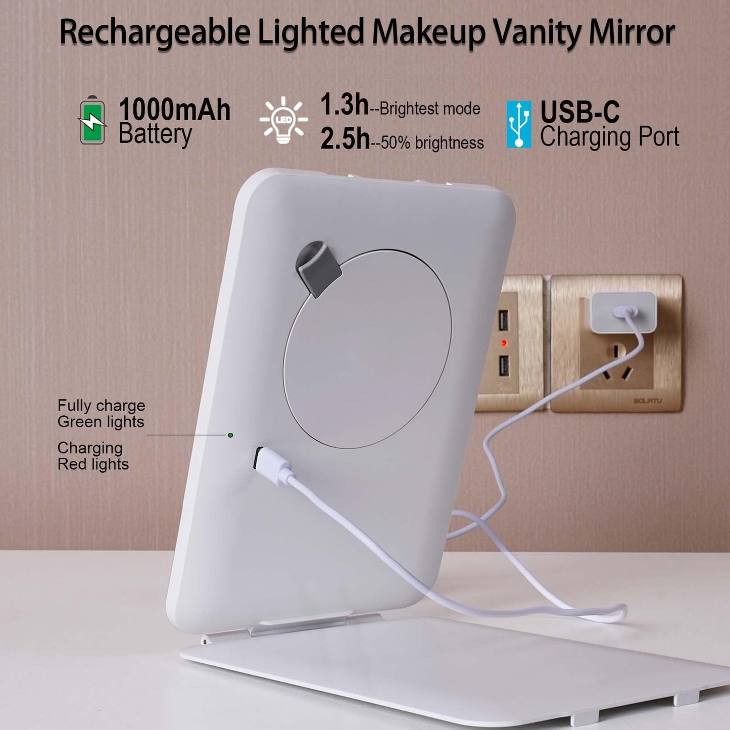 Dear girl Travel Makeup Mirror with Lights, Rechargeable Portable Lighted Mirror, 3 Color Light Dimmable Touch Screen, 1X Light