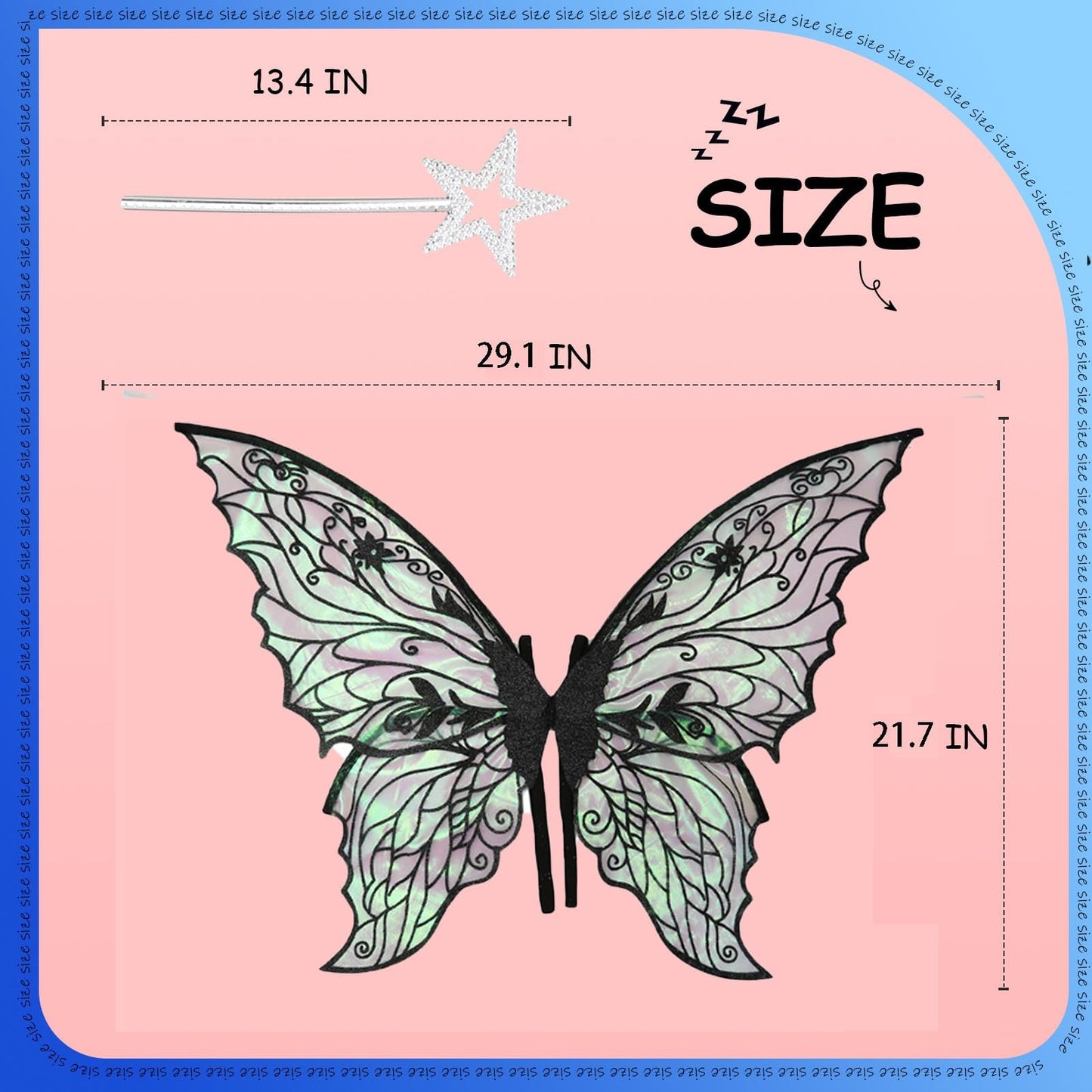 Fairy Wings for Adults and Girls，Fairy Costume Set with Floral Garland, Fairy Hair Tinsel, Wand & Elf Ears – 29"x21" Organza Butterfly Wings – Ideal for Cosplay, Party, Black