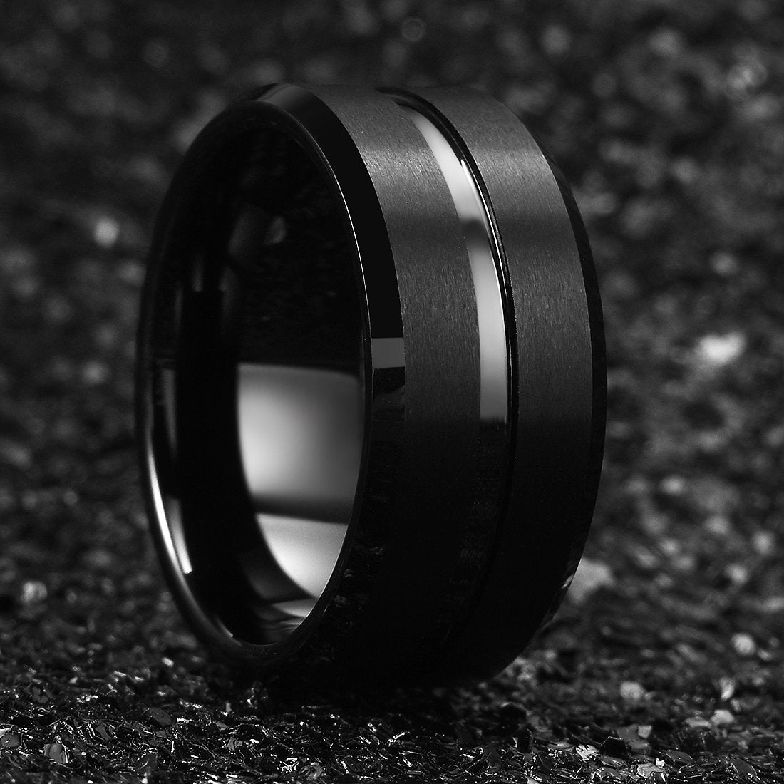 King Will Tungsten Carbide Wedding Band Ring for Men -10mm Men Rings in Black Grooved Center Wedding Band Suitable For Every Day