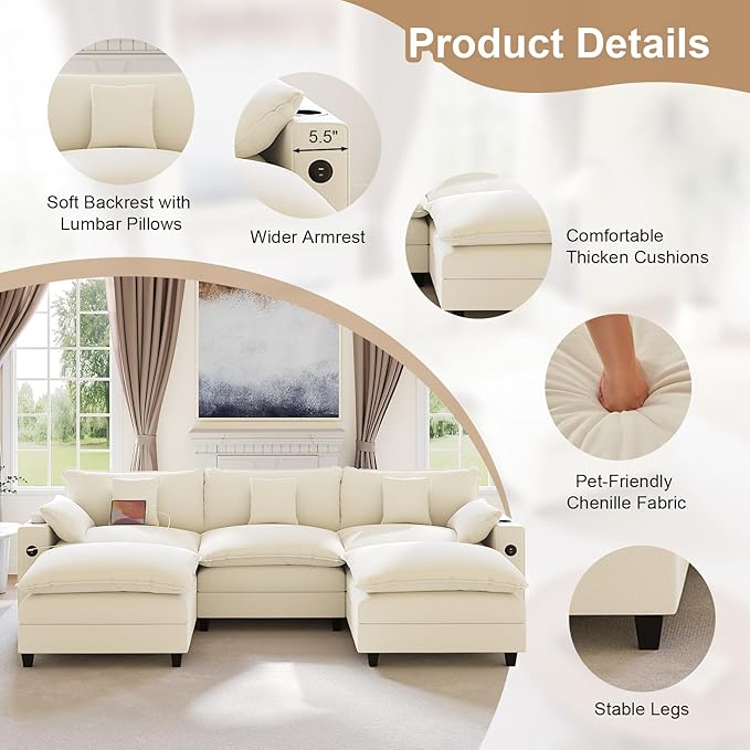 KCGKCG 116" Modular Sectional Sofa, U Shaped Cloud Couch with Movable Ottoman, Chenille Deep Seat Cloud Sofa with Charging Station, Cup Holder, Side Pocket, Sectional Couches for Living Room, Beige